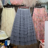 New French Long Dress Female Autumn Temperament Elegant Solid High-Waisted Mesh Cake Skirt Unkempt Skirt