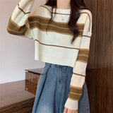 Short Knitted Shirt Women Spring Autumn Korean Chic Style Wearing Striped Hit-Bottomed Shirt Lazi Long-Sleeved Top