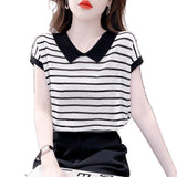 Striped Ice Silk Short-Sleeved T-Shirt Lady Wears New Thin-Explosive High-End Knitted Shirt In Summer 2025