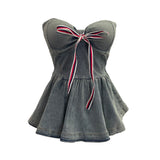 Real Shot With Chest Cushion Denim Sling Vest With Bow Hanging Neck Short Twiping Boat Blouse Woman 2611