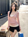 Korean Sweet Lace Broken Flower Fake Two Long-Sleeved T-Shirt Women Early In The Spring To Put On A Shirt Slim Thin Top