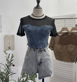 2025 Summer Denim Splicing Mesh Yarn Short-Sleeved T-Shirt Design Fake Two Hot Girl Short Top 26231