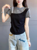 2026 Summer New Round Collar Fashion Colliding Short-Sleeved T-Shirt Women's Small Slim Slimming Commuting Top