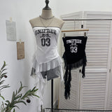 Real Shooting Retro Letter Print Bump Color Palette Vest Body Splicing Mesh Yarn With Hottie Top 8089