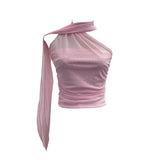 Real Shooting Mesh Ribbon Hanging Neck Folded Sleeveless Top Babes Two-Wearing Design Wrapping Bras 1125