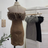 Real Shooting Hottie Shoulder Hair Spliced Deer Skin Velvet Tector Tan Dress Folded Ass And Hip Skirt 8878