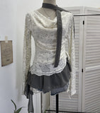 Real Shooting Two Collar Hanging Neck Ribbon Two Long-Sleeved T-Shirt Lace Splicing Chiffon Drawstring T-Shirt 1180