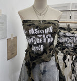 Real Shooting Hottie Camouflage Letter Print Chest Vest With Chest Pad Irregular Ribbon Short Top 8088