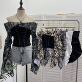 Vintage Shoulder Camouflage Long Sleeve Splicing Rope Tie With Waist Shirt Folded Top 2767