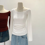 2026 New Year's Eve White Slanted Shoulder Sexy Pure Desire To Show Shoulders Long-Sleeved T-Shirt Girl Folded Wrinkled Waist-Thing Bottom Top