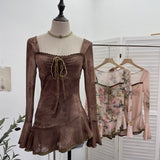 Spring And Summer New French Style Tie Dyed Horn Long-Sleeved Lace Side Design T-Shirt 9980