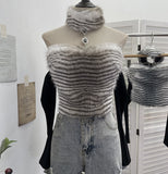 Real-Patrowing High-Necked Sexy Leopard-Print Hair Spliced Hanging Neck Long-Sleeved T-Shirt Repair Short Top 28111