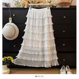 Gentle Wind And Wood Ear Side Hollow Net Yarn Splicing Half Skirt Women Summer High-Waist A Word Loose Multi-Level Cake Skirt