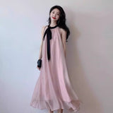 Pink Hanging Neck Bow Sleeveless Dress Femininity Design Small Gentle Holiday Dress Summer