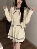 Small Fragrant Knitted Suit Long Sleeve Open Shirt Coat With Vest Top Dress Women Autumn Half Dress Three-Piece Set