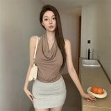 Pure Hot Babes Collared Body Hanging Neck Small Vest Woman 2025 Summer Leisure Design Folds On Thin Clothes
