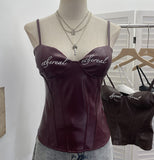 Letter-Print With Chest Pad Pu-Skin Sling Vest Slimming Short Babes Sleeveless Top 1372