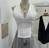 Deep V Hanging Neck With Chest Pad Sling On Both Sides Of The Strapped Open Fork-Lo-Back Zipper Short Babes Top 6310