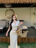 French Half-Brace Ass Skirt 2026 Summer Pure Lust Style V-Neck Lace Dress Sweet Two-Piece Suit Skirt