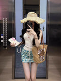 Seaside Holiday Style Set Pure Desire Design White Hanging Neck Blouse Blue Broken Floral Skirt Two Sets