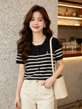 Korean Embroidered Striped Short-Sleeved Knitted Cardigan Women 6 Summer Fat Mm Thin Age-Dated Bottom Shirt Top