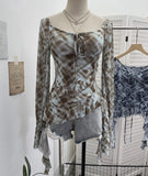 Real Shot Long-Sleeved T-Shirt With Thoracic Horns With Irregular Lotus Leaf Edge Drifting Belt 8038
