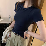 Round Collar Shoulder Short-Sleeved T-Shirt Women's Summer 2025 New Slimming Fish Bone Line Short-Hitting Shirt