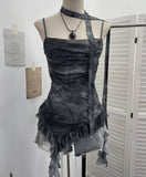 Real Shooting Round Neck Fluttering Dye Printing Irregular Lotus Leaf Side Mesh Slings Slings Sleeveless Top 1218