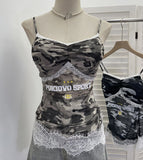 Lace Splicing Camouflage Screen Sling Sling With Chest Cushion Letter Print Sleeveless Top 1618