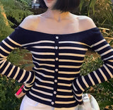 Early Autumn Shoulder Stripe Slim Short Bottom Long-Sleeved Knitted Shirt Slim Thin Waist Bottom Shirt Top Dress Woman
