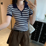 Hanli Hanqi Design Striped Collar Front Shoulder Short-Sleeved T-Shirt Women 2025 Summer New Beautiful Top