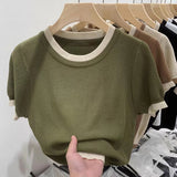 2025 Summer Korean Version Of Knitted Shirt Short Sleeve New Round Collar Bumpy Color Slim Top Women's Style Bottom Shirt