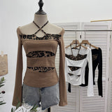 Real Shooting With Hanging Neck Leopard Print Splicing Two Long-Sleeved Tops A Short Shoulder Bottom T-Shirt 28787