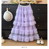 New Heavy Industry Lace Cake Skirt Long Dress Sweet Wind High Waist Wood Ear Mesh Skirt 8103