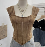 Real Clapping Collarbone Shoulder T-Shirt Women's Summer Mesh Spliced Denim Repair Short Sling Sling Vest 19051