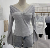 Real Shot With Chest Pad Mesh Splicing V-Neck Long Sleeve Bottom Shirt T-Shirt T-Shirt-Dressed Short-Sized Two-Piece T-Shirt Girl 2806