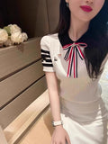 Small Fragrant Temperament Bow Embroidery Clamic College Wind Reduction Jab Knitted Short-Sleeved T-Shirt Women's Tide Top