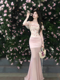 French Romantic Style Word Shoulder Broken Floral Dress Women Summer Holiday Style Bodyd With Hip Fishtail Dress Set Sweet