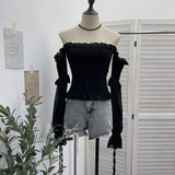 Render Tight Shoulder Bra With Long-Sleeved Lotus Leaf Side Short Chiffon Sexy Shirt 0899