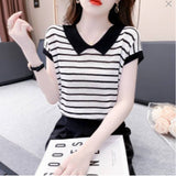 Striped Ice Silk Short-Sleeved T-Shirt Lady Wears New Thin-Explosive High-End Knitted Shirt In Summer 2025