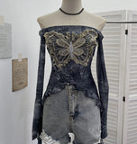 Real Shot Raging Butterfly Embroidery Y2k Babes Punk Word Shoulder Tie-Dye Mesh T-Shirt With Short Top 1319