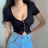 New Wooden Ear Bra Low Chest Sexy Pure Desire To Repair A Row Of Buckle Umbilled Tight Body Tights T-Shirt