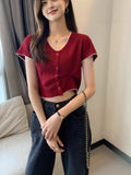 Summer New Korean Button Design Short-Sleeved Set Thin Knit T-Shirt Girl Skinny Umbilled Short Top