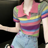 Dopamine Casual Sports Suit Women's Summer Blast Street Small Rainbow Blouse Denim Shorts Two-Sleeve