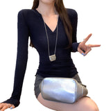 Super-Looking Temperament V-Neck Coffee Color With Bottom Knitted Shirt Women's Autumn 2025 New Long-Sleeved T-Shirt Top