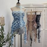 Real Shot Lace Ribbon Splicing Necking Yarn Tector Bosom Vest Irregularly Repair Short Sleeveless Top 8158