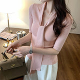 French Chic Hottie V Tie With Slim Short-Sleeved Knitted Shirt Women's Spring And Summer 2025 New Temperament Thin Top