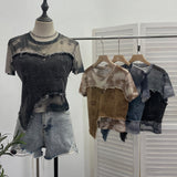 Real Shooting Of The Edge Of The Denim Splicing Tie Dye Mesh Repair Irregular Two Short-Sleeved Top T-Shirt 26171