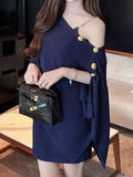 French-Style Shoulder Irregular Knitted Cloak Shawl Woman + Sling Dress Set Languid Outside The Coat