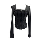 Real Shooting Square Zipper Open Shirt Design T-Shirt Bottoming Shirt Girl Body Short Hot Girl Hair Coat 2679